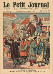 Modernisation de la Chine, Chinois se faisant couper la natte à Shanghai, illustration de 